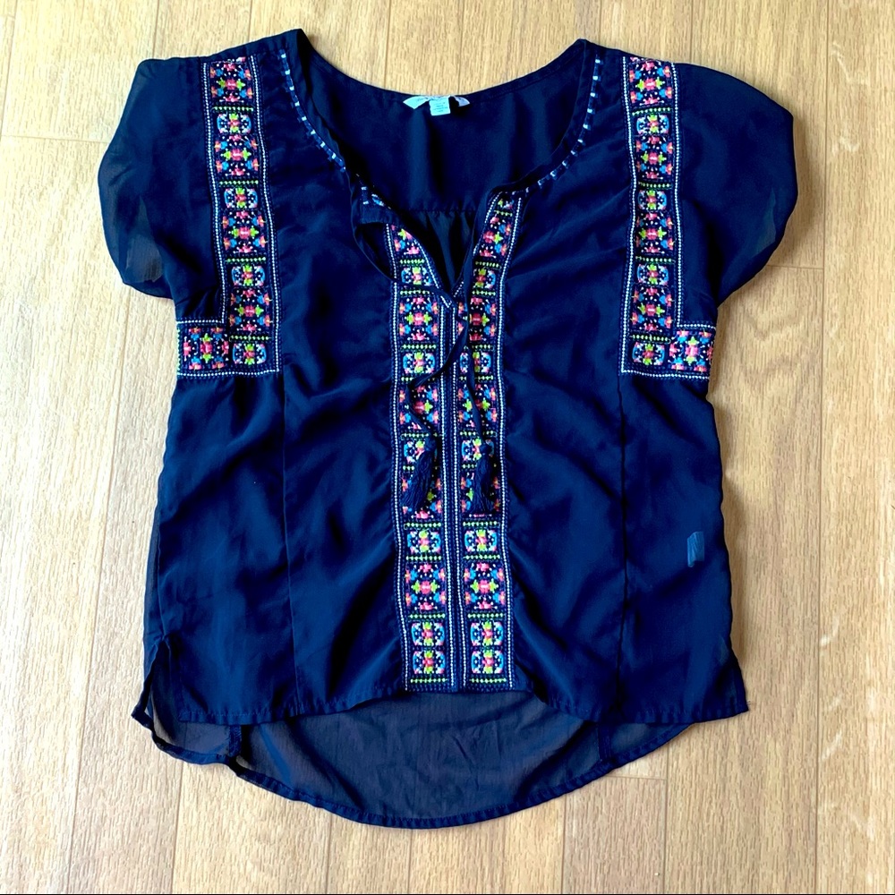 American Eagle Top Sheer Boho Popover Blouse Navy Size Small